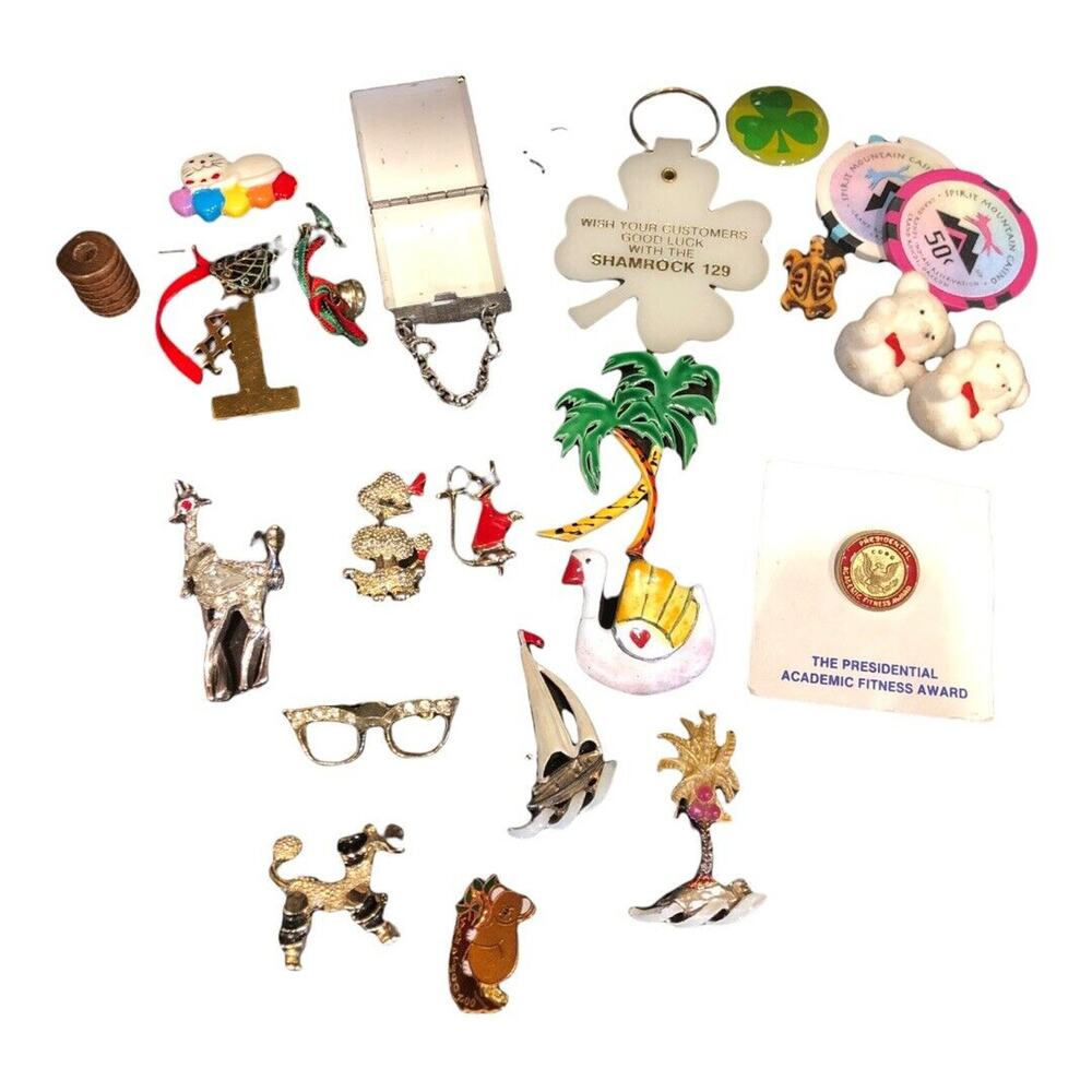 11 pc ASSORTED Stunning VINTAGE‎ 80's Brooch Pin Lot + Ephemera Bundle Of Stuff